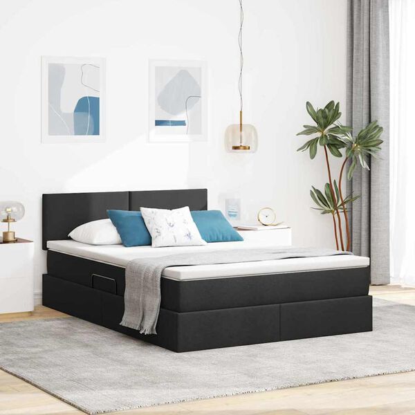 vidaXL Cama com arruma&ccedil;&atilde;o e LED Preto 140 x 190 cm Poli&eacute;ster