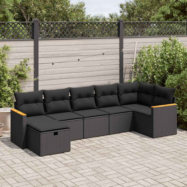 vidaXL 7 pcs conjunto de sof&aacute;s p/ jardim c/ almofad&otilde;es vime PE preto