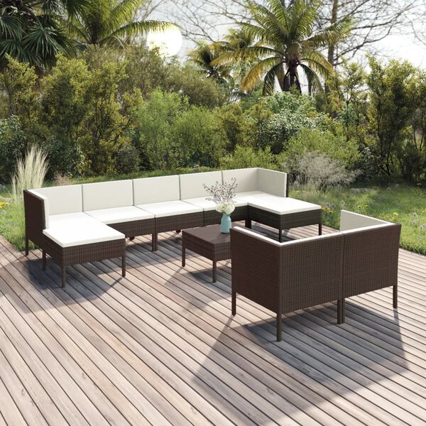 vidaXL 10 pcs conjunto lounge jardim c/ almofad&otilde;es vime PE castanho