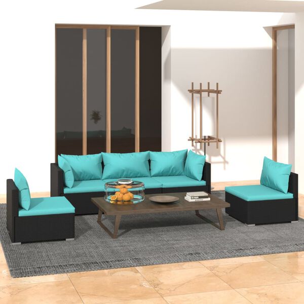 vidaXL 5 pcs conjunto lounge de jardim c/ almofad&otilde;es vime PE preto