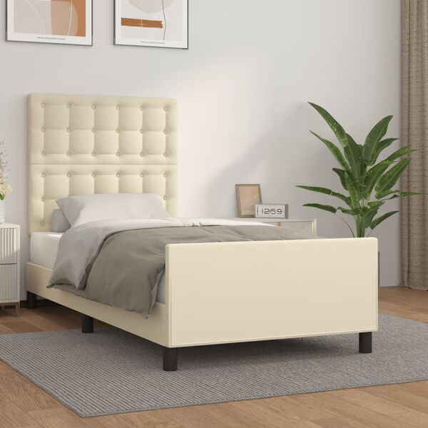vidaXL Estrutura de cama c/ cabeceira couro artificial 90x190 cm creme