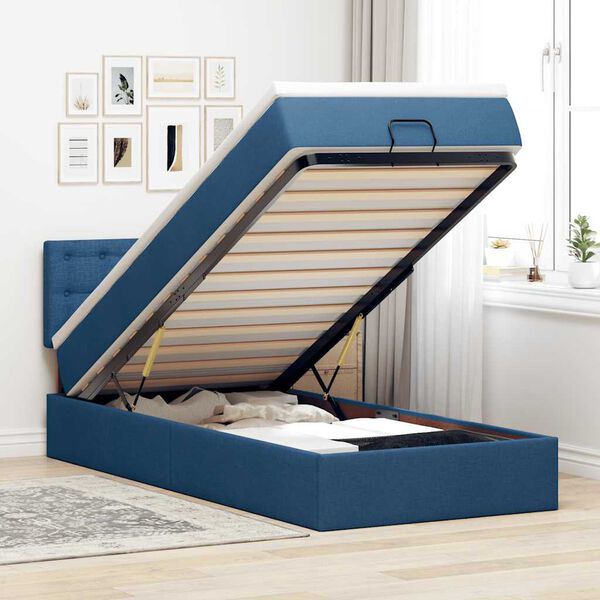 vidaXL Cama otomana com colchão 90x200 cm tecido azul
