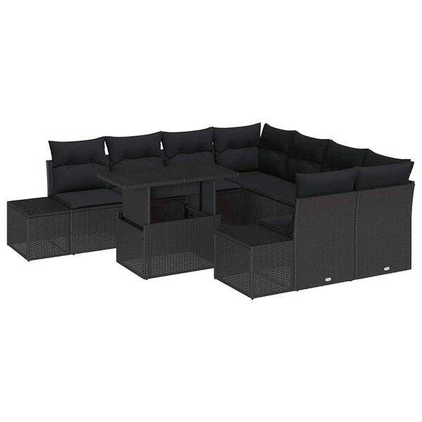 vidaXL Conjunto de Sof&aacute; de Jardim com almofada 9 pcs Preto vime PE