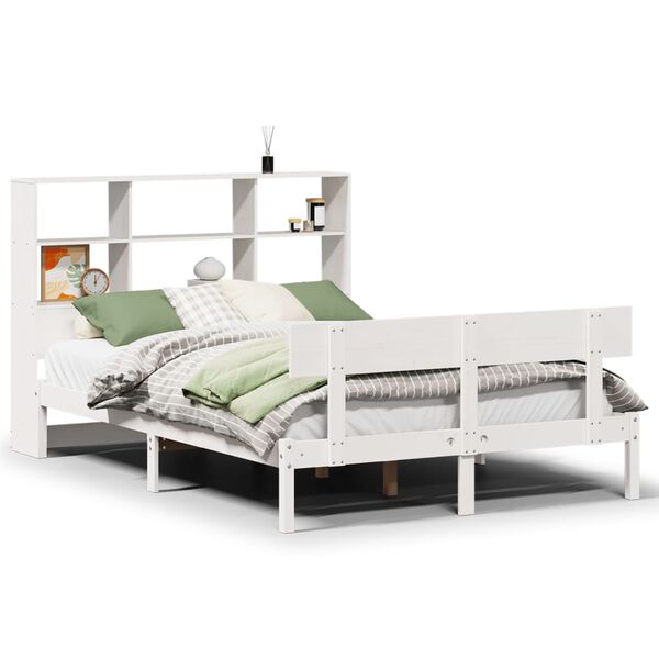 vidaXL Cama com estante sem colch&atilde;o 140x200 cm pinho maci&ccedil;o branco