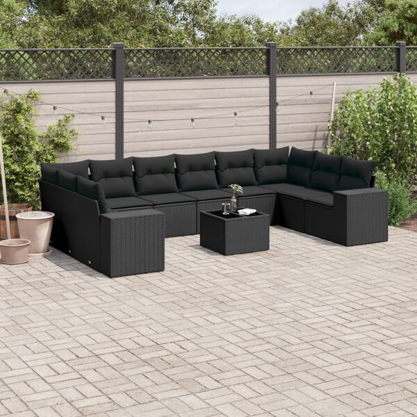 vidaXL 11 pcs conjunto sof&aacute;s de jardim c/ almofad&otilde;es vime PE preto
