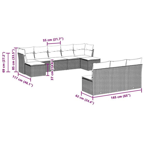 vidaXL 10 pcs conj. sofás jardim com almofadões vime PE cinzento-claro