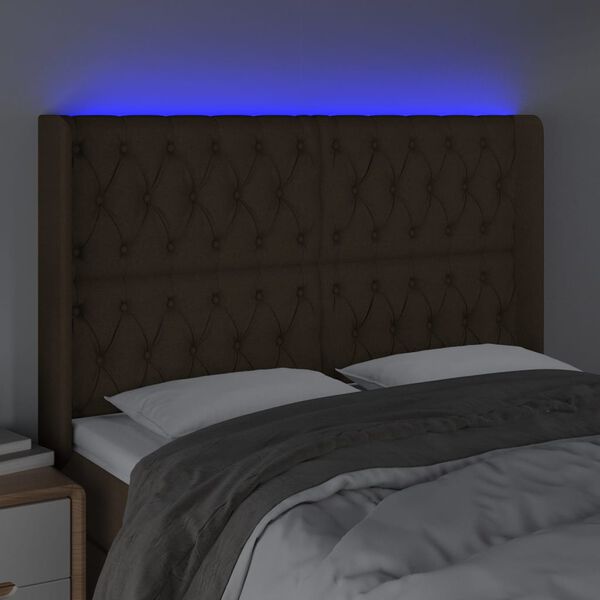 vidaXL Cabeceira de cama c/ luzes LED tecido 163x16x118/128cm castanho