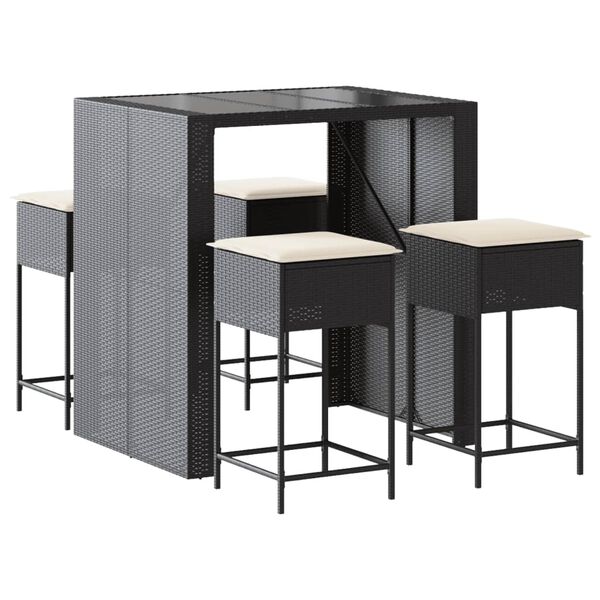 vidaXL 5 pcs conjunto de bar p/ jardim c/ almofad&otilde;es vime PE preto