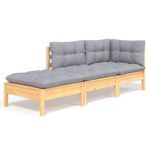 vidaXL 3pcs conjunto lounge de jardim c/ almofad&otilde;es cinza pinho maci&ccedil;o