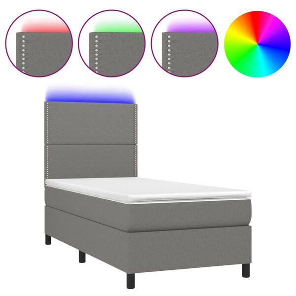 vidaXL Cama box spring c/ colch&atilde;o e LED 90x200 cm tecido cinza-escuro