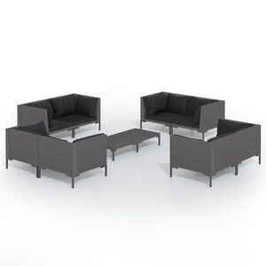 vidaXL 9 pcs conj. lounge jardim c/ almofad&otilde;es vime PE cinzento-escuro