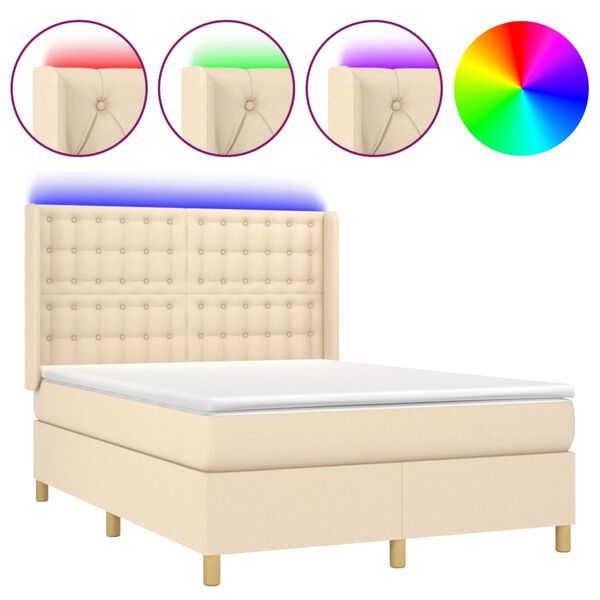 vidaXL Cama box spring c/ colch&atilde;o e LED 140x190 cm tecido cor creme