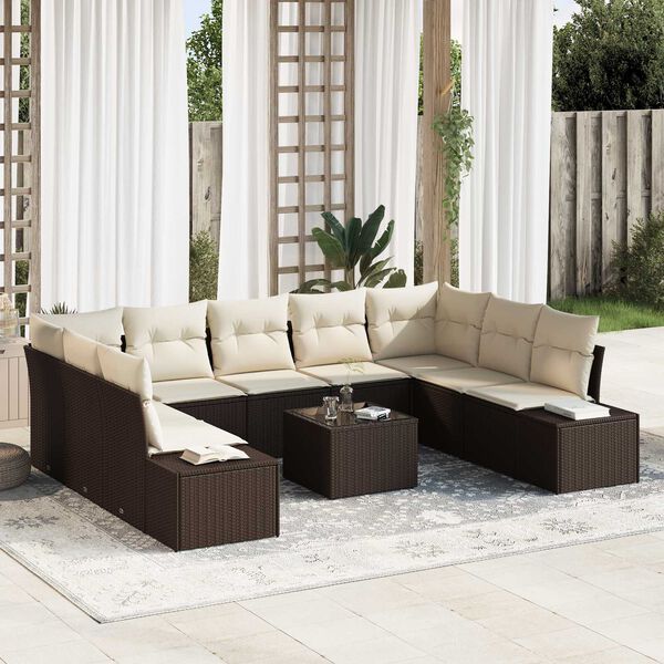 vidaXL Conjunto de Sof&aacute; de Jardim 9 pcs Marrom e Creme Polirattan