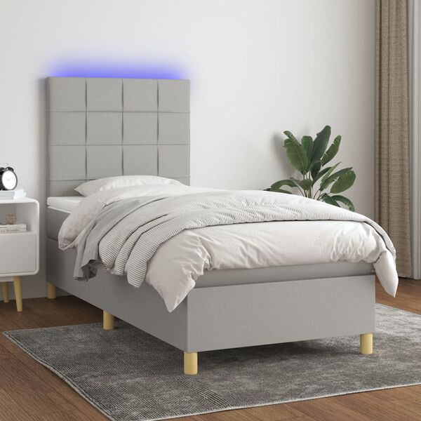 vidaXL Cama box spring c/ colch&atilde;o e LED 80x200 cm tecido cinza-claro