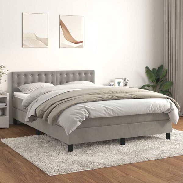 vidaXL Cama com molas/colch&atilde;o 140x190 cm veludo cinzento-claro