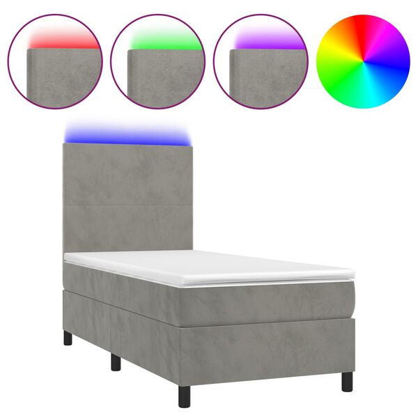 vidaXL Cama box spring c/ colch&atilde;o/LED 90x190 cm veludo cinzento-claro