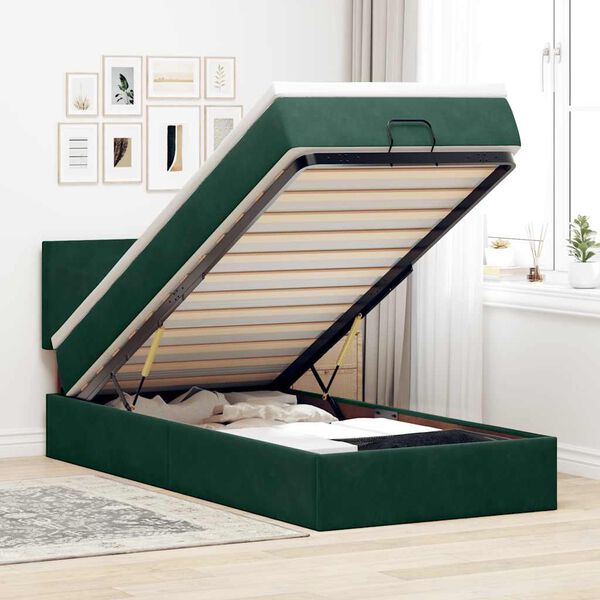 vidaXL Cama otomana com colch&atilde;o & LEDs 80x200cm veludo verde-escuro
