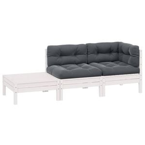 vidaXL 3 pcs conjunto lounge jardim c/ almofad&otilde;es pinho maci&ccedil;o branco
