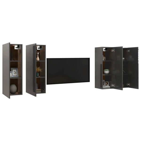 vidaXL Móveis de TV 4 pcs 30,5x30x90 cm contraplacado cinza brilhante