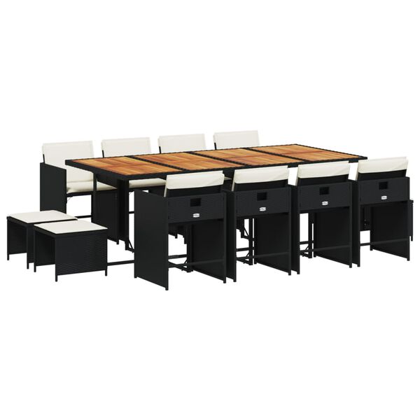 vidaXL 13 pcs conjunto de jantar p/jardim com almofad&otilde;es vime PE preto