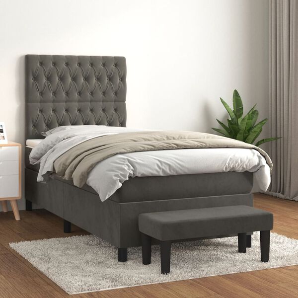 vidaXL Cama com molas/colch&atilde;o 100x200 cm veludo cinza-escuro