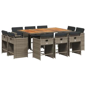 vidaXL 11 pcs conjunto jantar p/ jardim c/ almofad&otilde;es vime PE cinzento