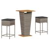 vidaXL 3 pcs conjunto de bar p/ jardim c/ almofad&otilde;es vime PE cinzento