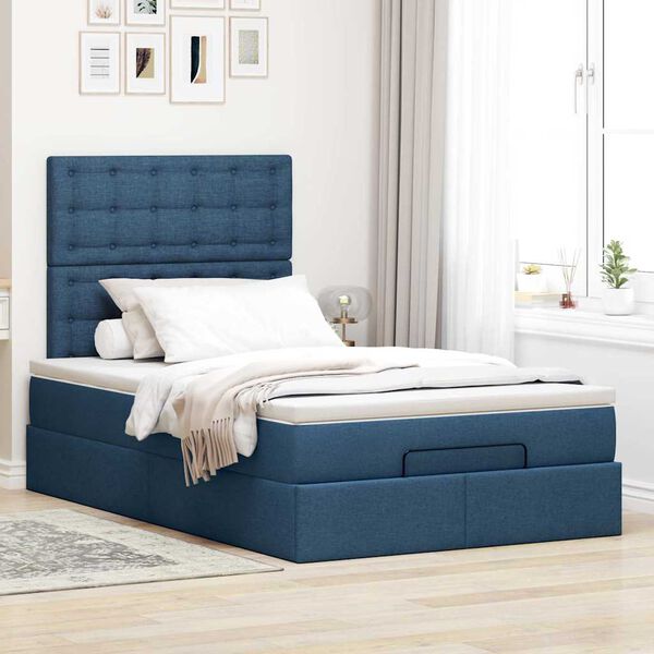 vidaXL Estrutura de cama otomana com colch&atilde;o 120x200 cm tecido azul