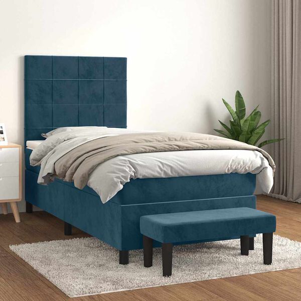 vidaXL Cama com molas/colch&atilde;o 100x200 cm veludo azul-escuro