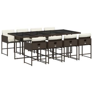 vidaXL 9 pcs conjunto jantar p/ jardim c/ almofad&otilde;es vime PE castanho
