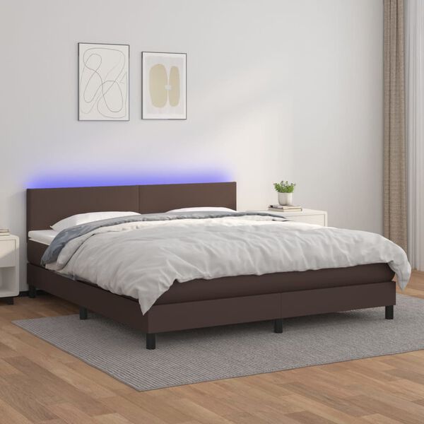 vidaXL Cama box spring c/ colch&atilde;o/LED 180x200 cm couro artif. castanho