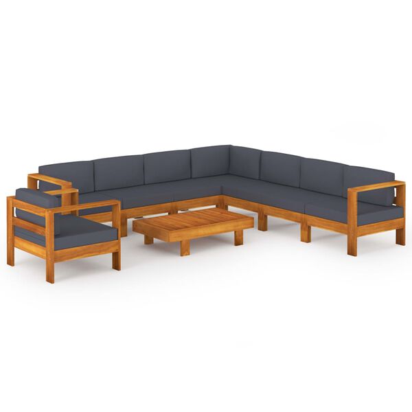 vidaXL 9 pcs conj. lounge de jardim c/ almofadões cinza-escuro acácia
