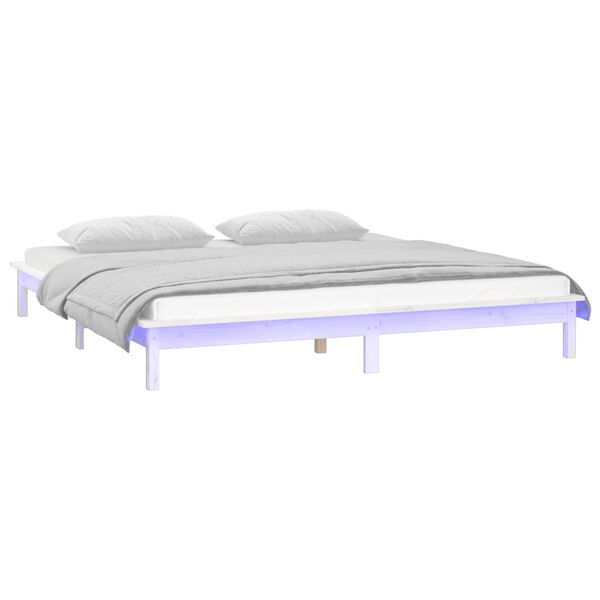 vidaXL Estrutura de cama com LEDs 200x200 cm pinho maci&ccedil;o branco