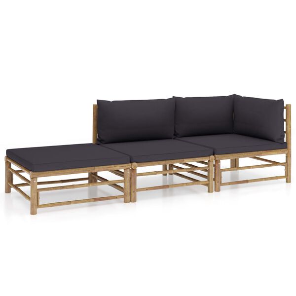vidaXL 3 pcs conj. lounge jardim em bambu c/ almofadões cinza-escuro