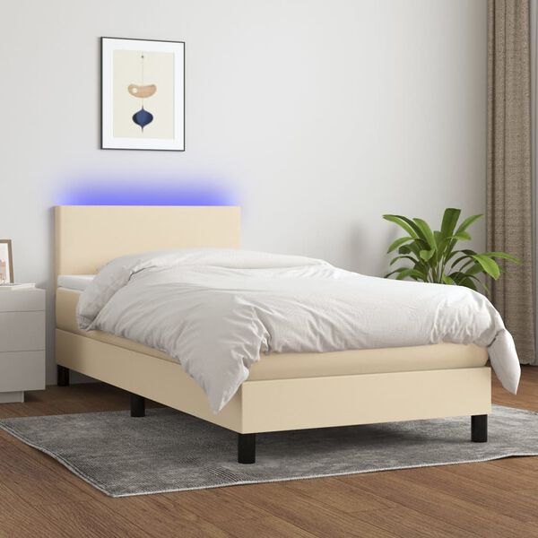 vidaXL Cama box spring c/ colch&atilde;o e LED 90x200 cm tecido cor creme