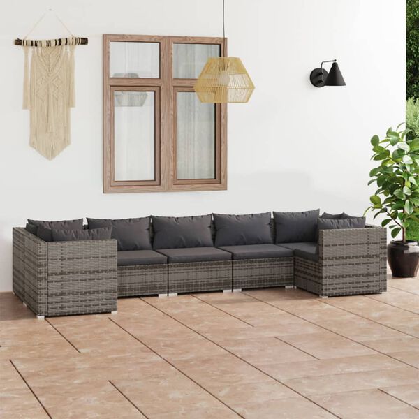 vidaXL 7 pcs conjunto lounge de jardim c/ almofad&otilde;es vime PE cinzento