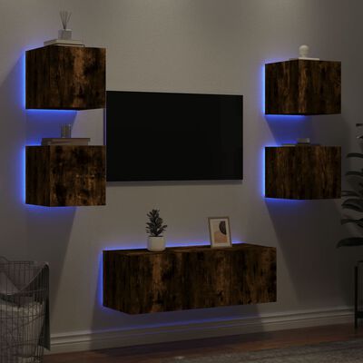 vidaXL 6pcs móveis parede p/ TV c/ LEDs deriv. madeira carvalho fumado