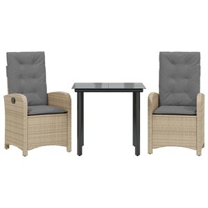vidaXL 3 pcs conj. jantar jardim c/ almofad&otilde;es vime PE bege misturado