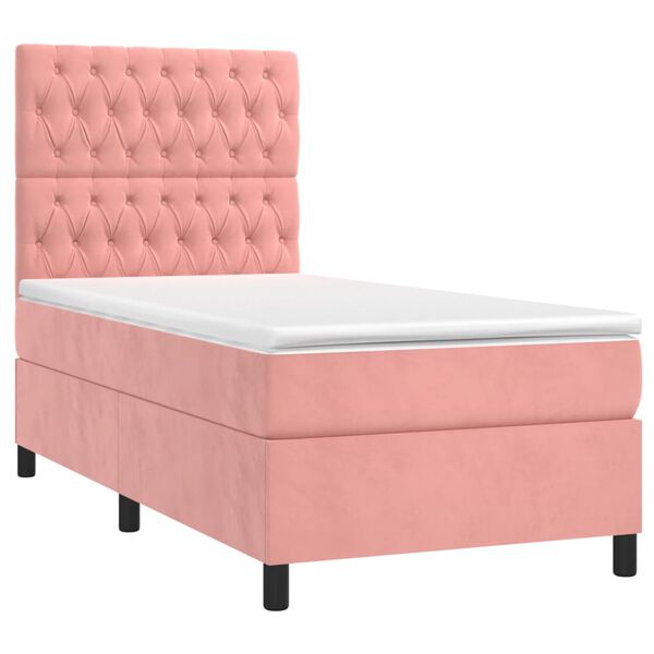 vidaXL Cama box spring c/ colch&atilde;o/LED 90x200 cm veludo rosa
