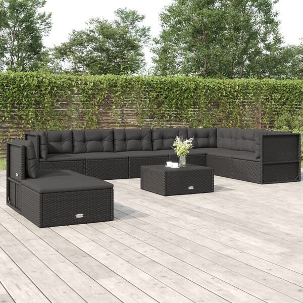 vidaXL 9 pcs conjunto lounge de jardim c/ almofad&otilde;es vime PE preto