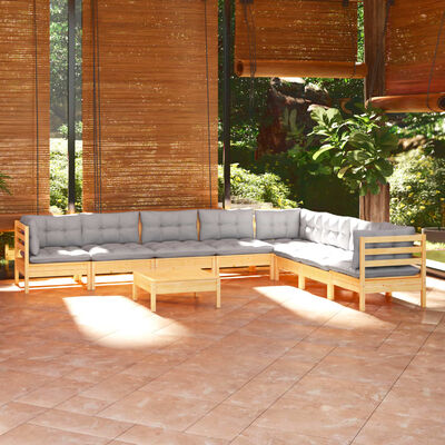 vidaXL 9 pcs conjunto lounge de jardim + almofadões cinza pinho maciço