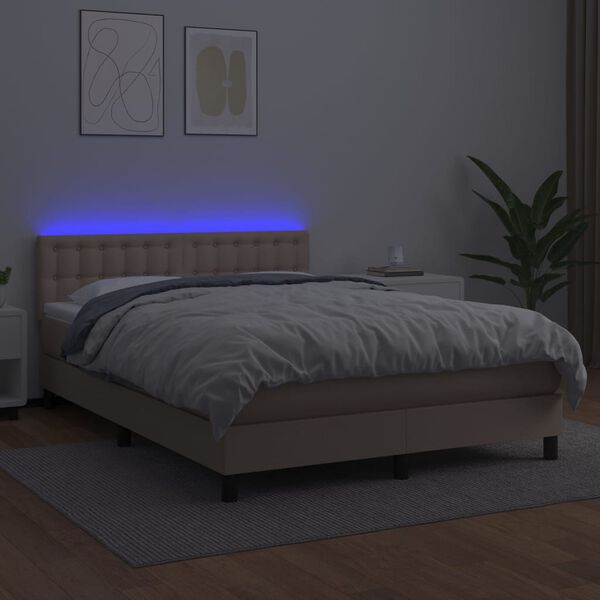 vidaXL Cama box spring c/colch&atilde;o/LED 140x200cm couro artif. cappuccino