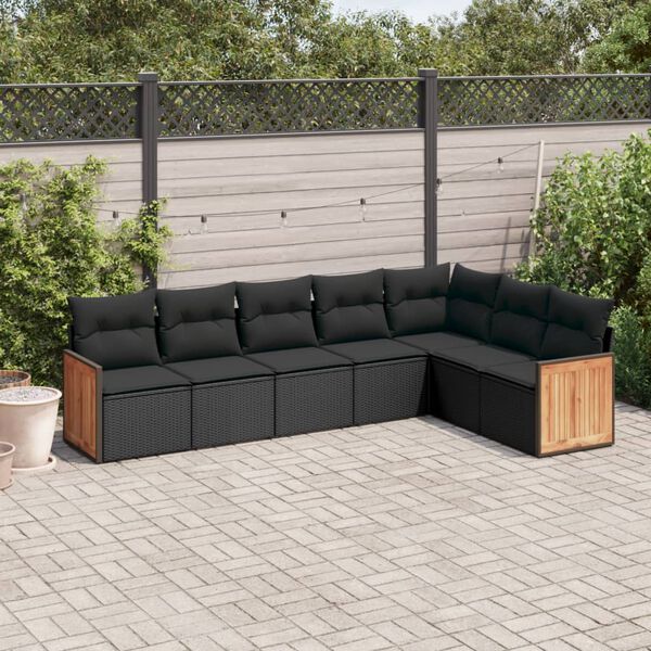 vidaXL 7 pcs conjunto de sof&aacute;s p/ jardim c/ almofad&otilde;es vime PE preto