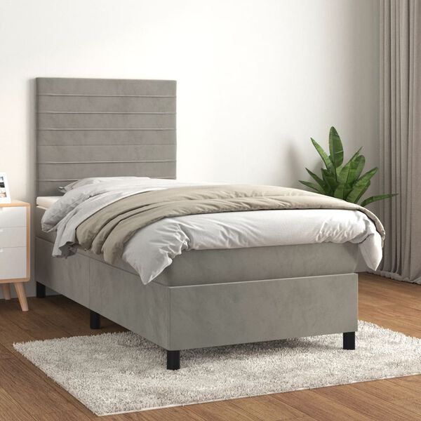 vidaXL Cama com molas/colch&atilde;o 100x200 cm veludo cinza-claro