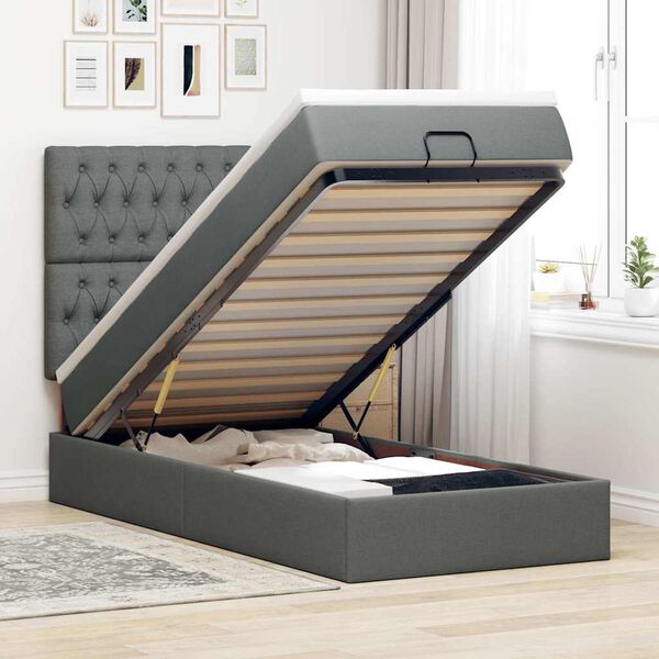 vidaXL Estrutura cama otomana colch&atilde;o 90x190 cm tecido cinzento escuro