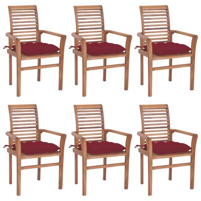 vidaXL Cadeiras jantar c/ almofadões vermelho tinto 6 pcs teca maciça