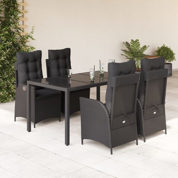 vidaXL 5 pcs conjunto de jantar p/ jardim c/ almofad&otilde;es vime PE preto