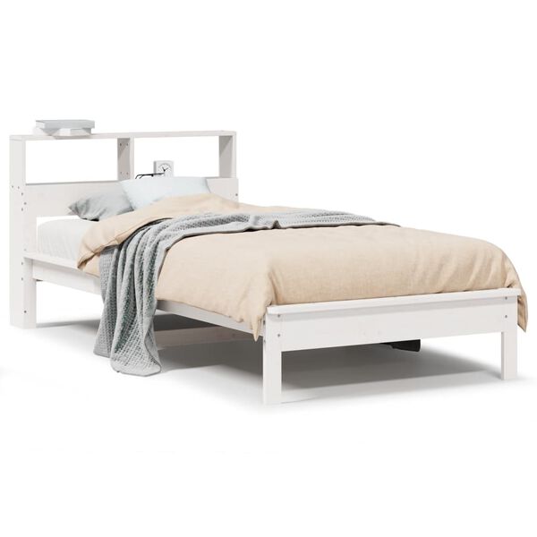 vidaXL Cama com estante sem colch&atilde;o 90x190 cm pinho maci&ccedil;o branco