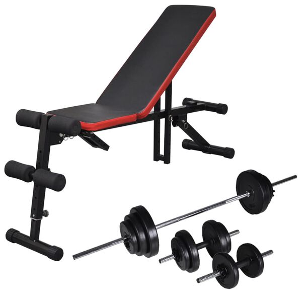 vidaXL Banco musculação ajustável + conjunto barras e halteres 30,5 kg