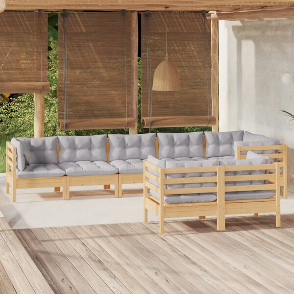vidaXL 8 pcs conjunto lounge de jardim + almofad&otilde;es cinza pinho maci&ccedil;o